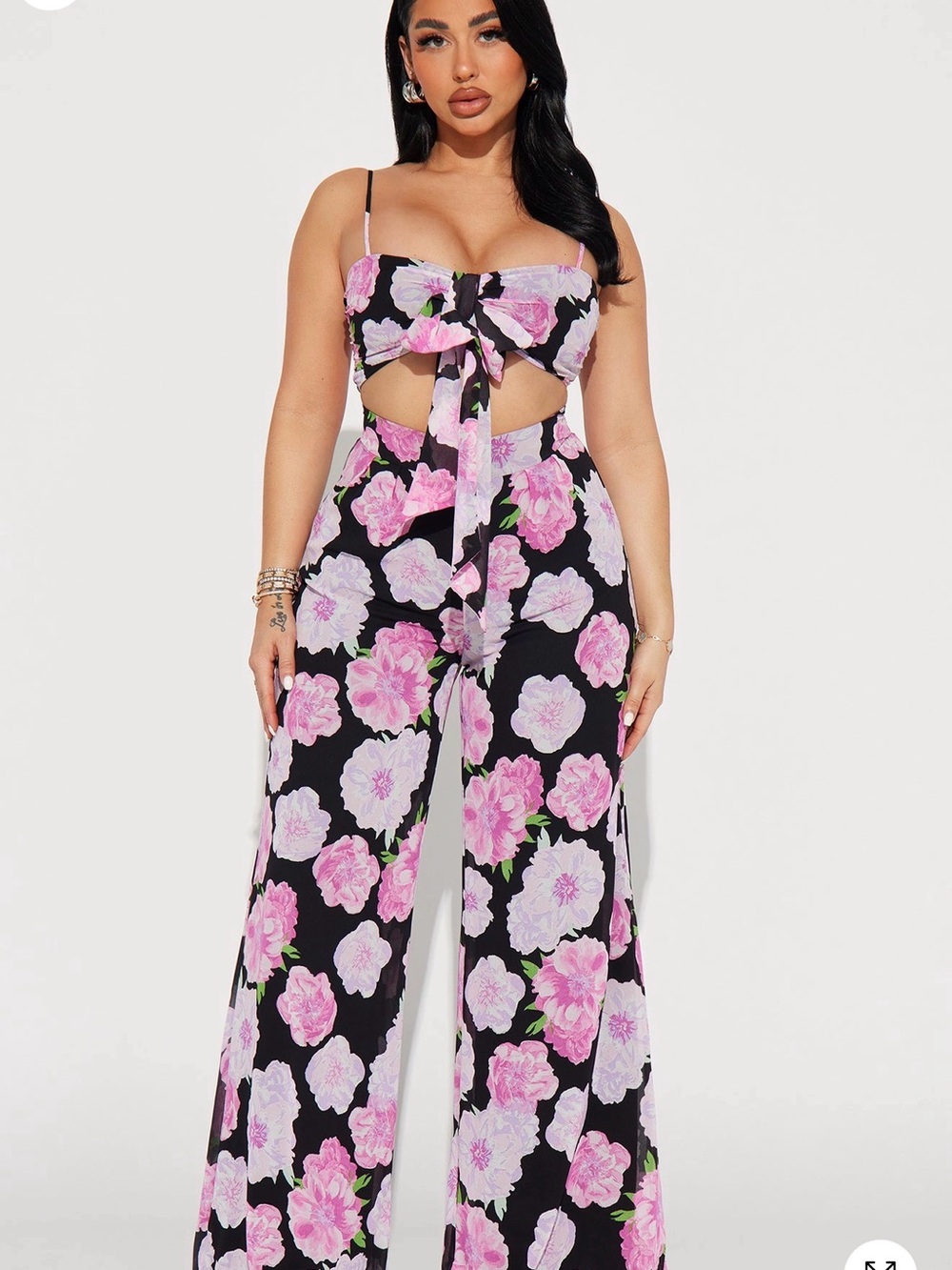 Floral Tie-Front Wide-Leg Jumpsuit - Black/Pink